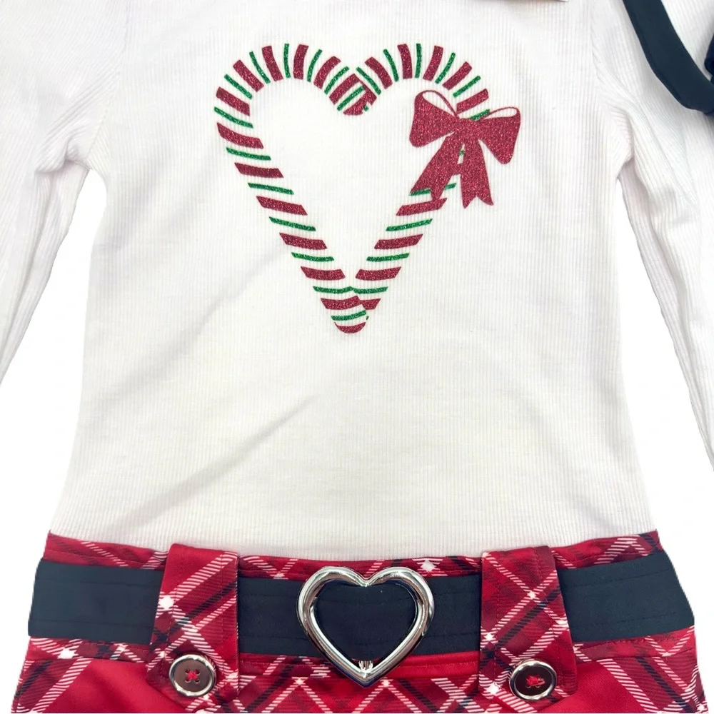 Lilt White and Red Plaid Dress with Glittery Candy Cane Design and Black Purse